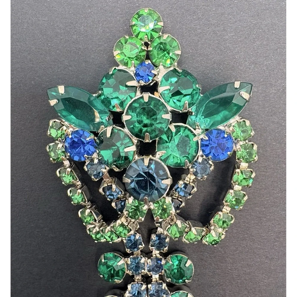 Vintage‎ Blue & Green Crystal Dangle Tassel Brooch Silver Tone Art Deco Style
